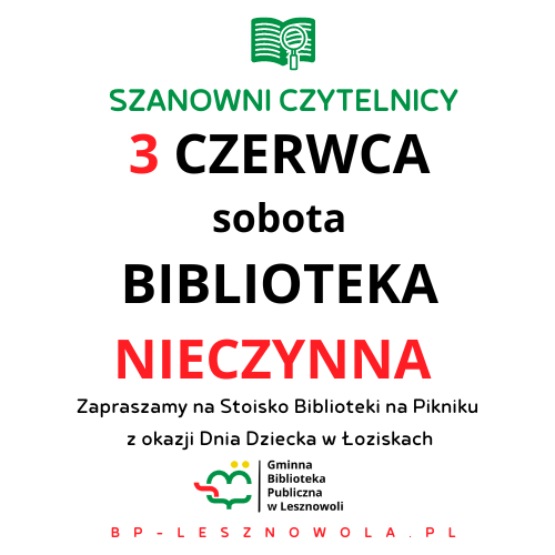 Read more about the article Uwaga! W sobotę biblioteka w Mysiadle będzie nieczynna