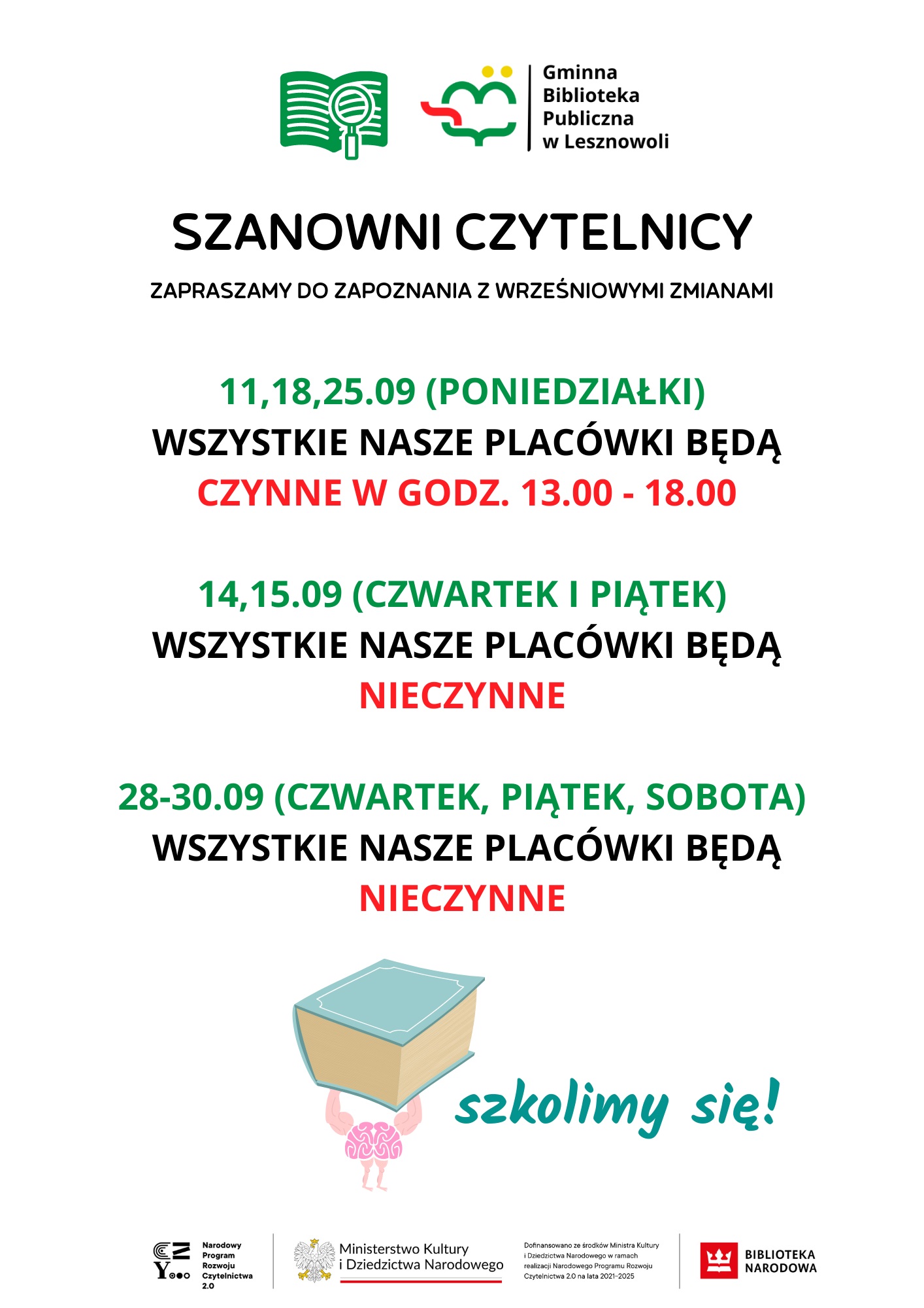 Read more about the article W poniedziałki biblioteki czynne od godz. 13.00