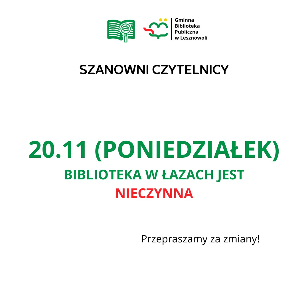 Read more about the article W poniedziałek biblioteka w Łazach jest nieczynna