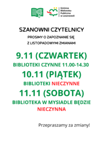 Read more about the article Uwaga! Zmiany w tym tygodniu. Biblioteki nieczynne w piątek i w sobotę