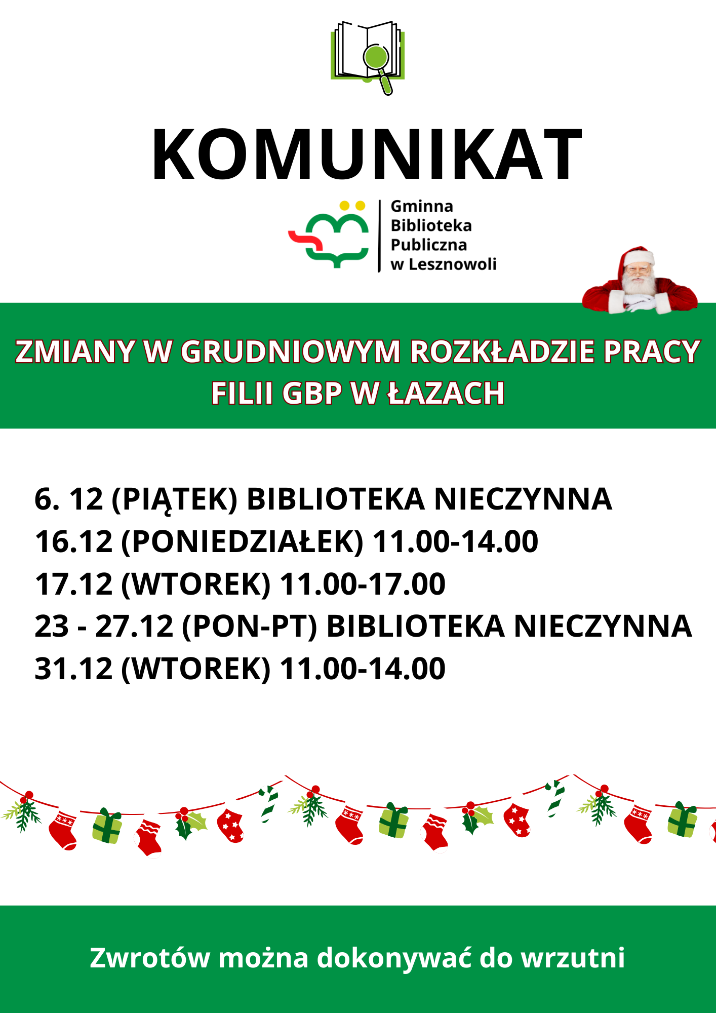 Read more about the article Zmiany w grudniowym rozkładzie pracy w filii w Łazach