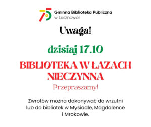 Read more about the article Biblioteka w&nbsp;Łazach nieczynna (17.10)