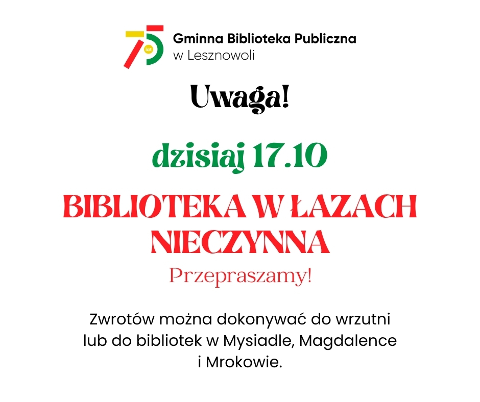 Read more about the article Biblioteka w&nbsp;Łazach nieczynna (17.10)