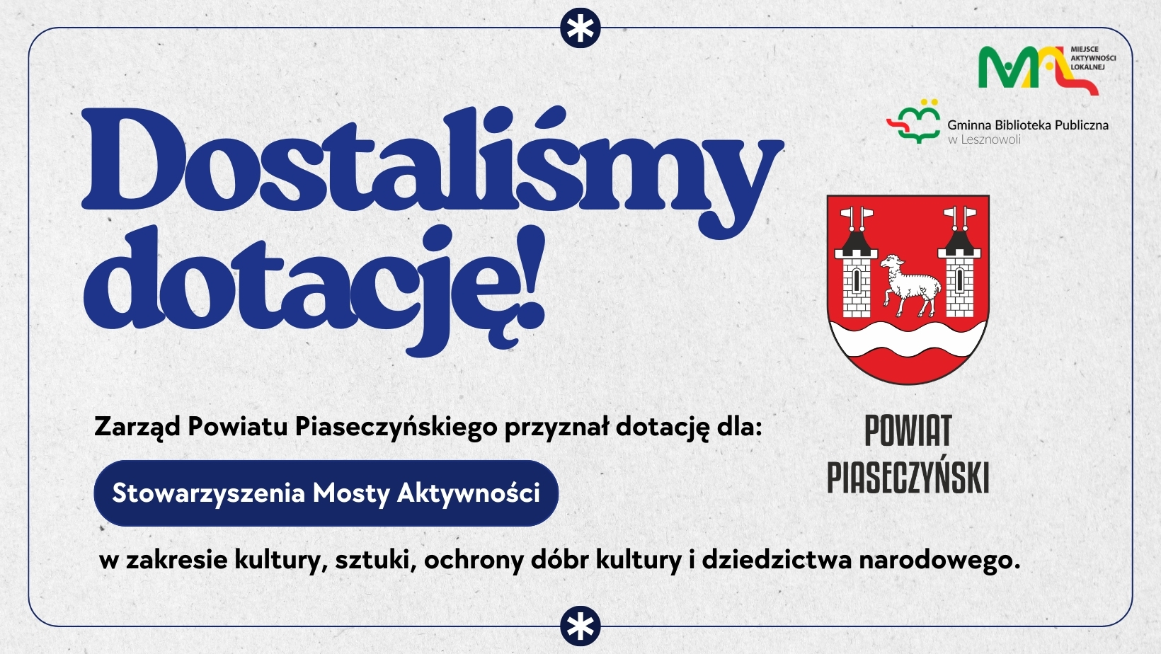 You are currently viewing Otrzymaliśmy dotację od&nbsp;Zarządu Powiatu Piaseczyńskiego